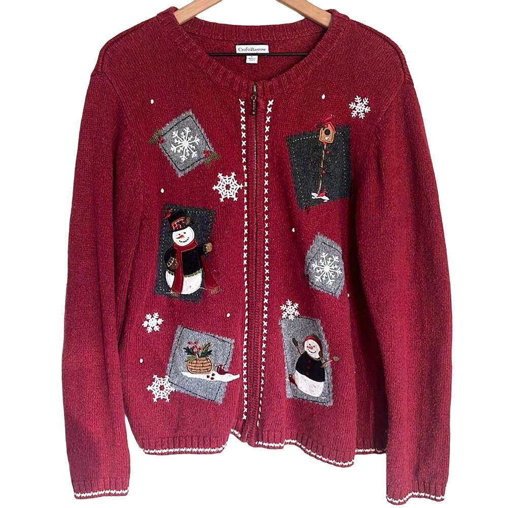 Vintage Womens Christmas Sweater XL Knit Cardigan Full Zip Snowman Patchwork Red